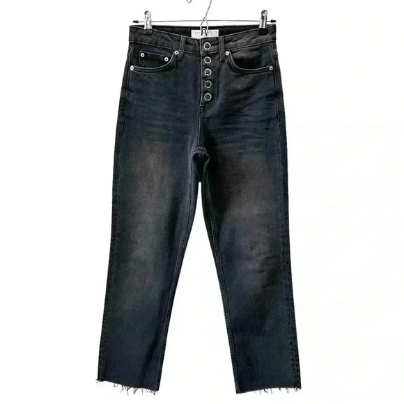 Topshop Straight Leg Jeans High Rise Popper Front Cropped Raw Hem Black Size 26 - Picture 16 of 16